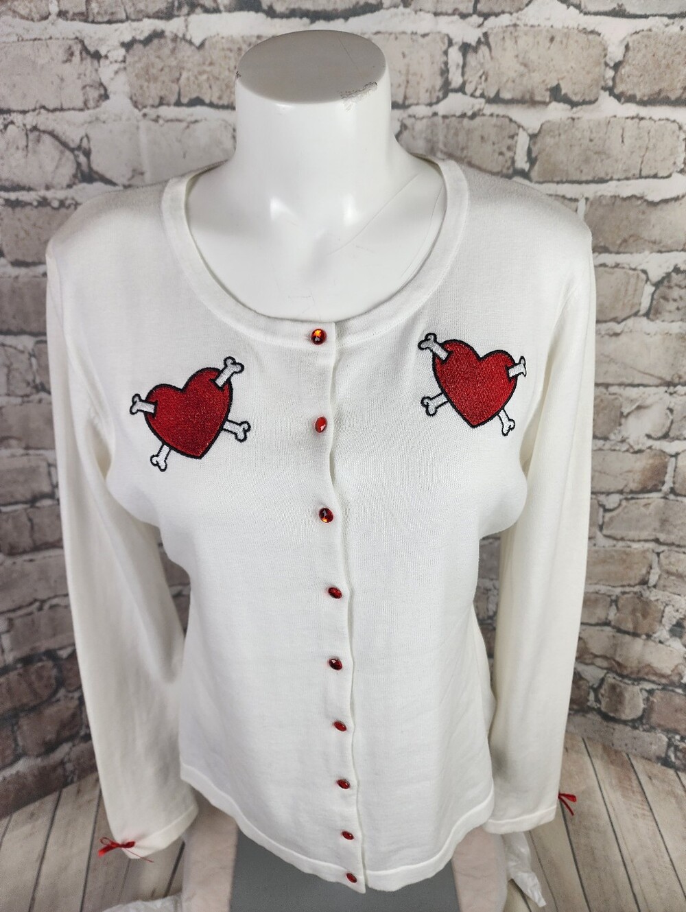Sourpuss White Cardigan with Red Heart-and-Bones Embroidery - Picture 4 of 15